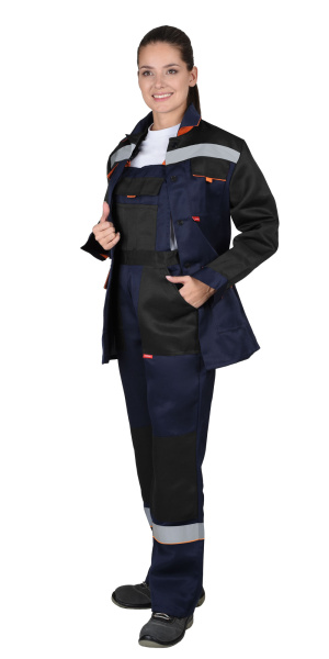 Костюм "УДАРНИЦА" женский, куртка, п/к, темно-синий с черным с оранжевой отделкой и СОП